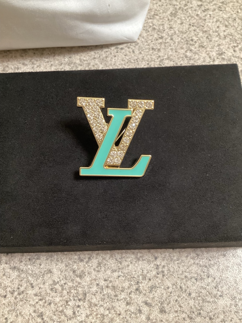Louis Vuitton Green Enamel & Gold Crystal LV Brooch